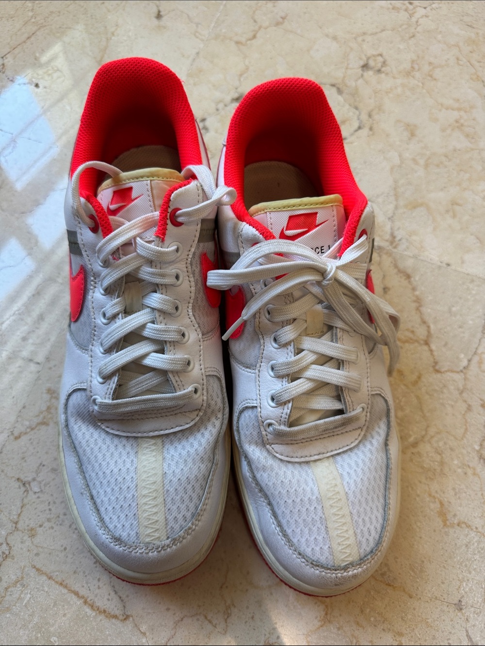 Nike White Sneakers with Neon Coral Swoosh and Lining